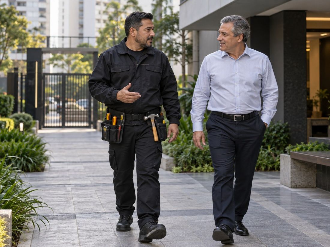 Zelador uniformizado Visotrons com cinto de ferramentas no condomínio
